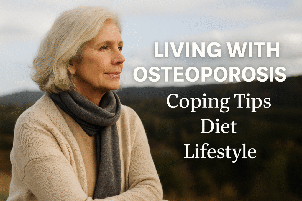 Healthy senior woman outdoors living well with osteoporosis through proper diet lifestyle management