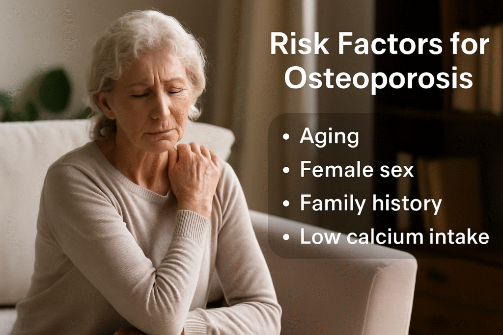 Senior woman showing osteoporosis risk factors aging female menopause bone density loss