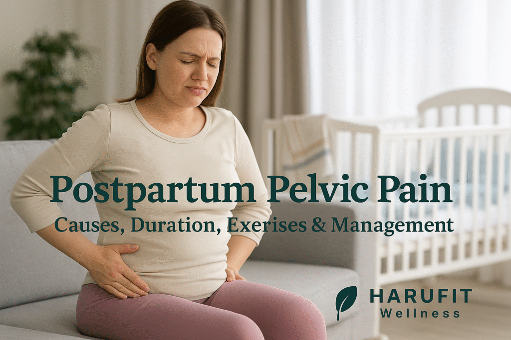 New mother experiencing postpartum pelvic pain while sitting on couch in nursery room showing discomfort and need for recovery guidance