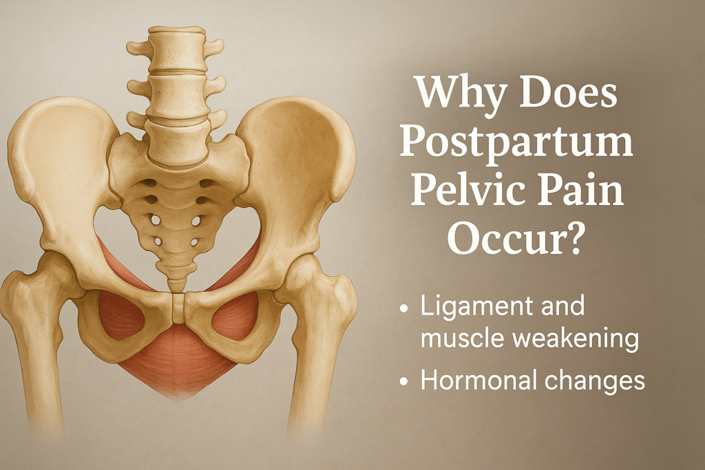 Female pelvic anatomy diagram showing ligament and muscle weakening areas that cause postpartum pelvic pain in new mothers