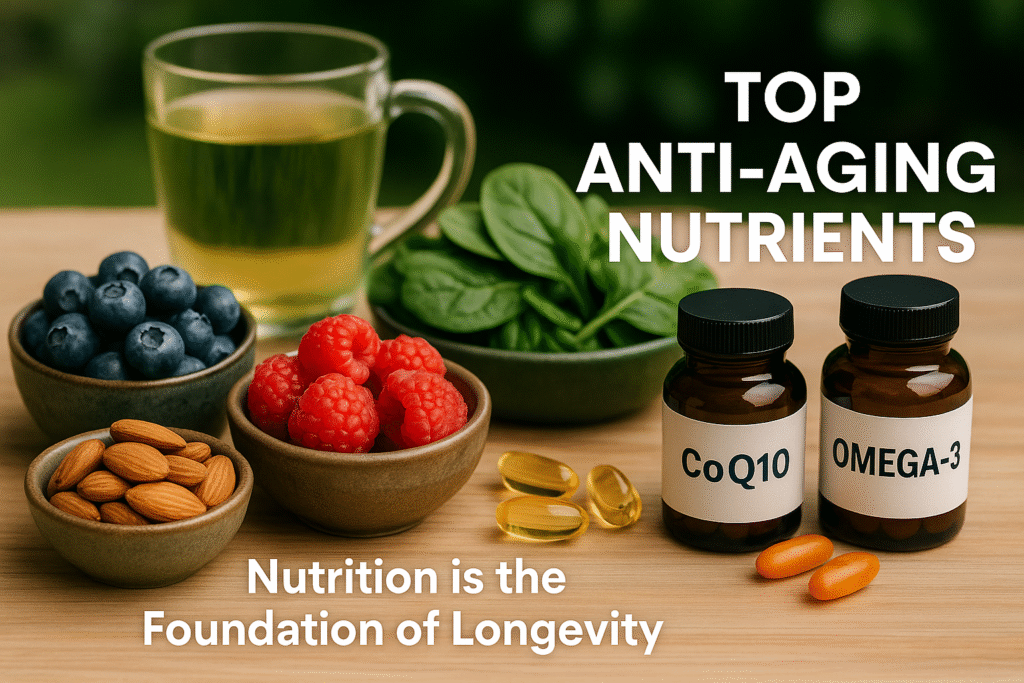 Anti-Aging Nutrients and Supplements - Natural Longevity Foundation Anti-aging nutrients including CoQ10 and omega-3 supplements with natural longevity foods like blueberries almonds green tea