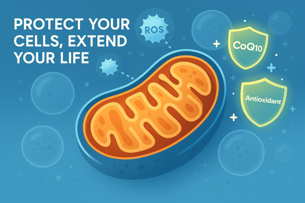 Cellular Protection for Longevity - Mitochondria and Anti-Aging Cellular protection diagram showing mitochondria with CoQ10 and antioxidant supplements protecting against oxidative stress for longevity