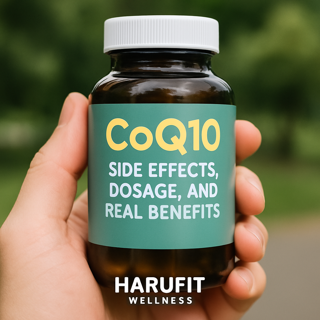 CoQ10 Supplement Bottle – Side Effects, Dosage, and Benefits Hand holding a CoQ10 supplement bottle highlighting side effects, dosage, and real benefits