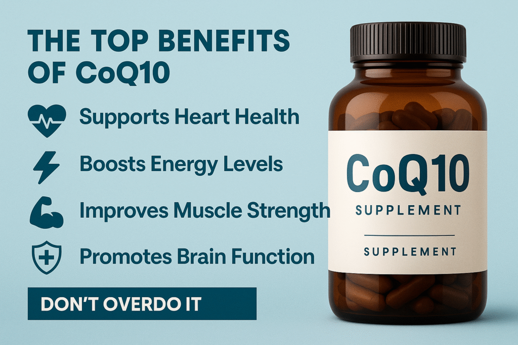 Top Benefits of CoQ10 for Heart, Energy, and Brain Infographic showing top benefits of CoQ10 including heart health, energy boost, muscle strength, and brain function