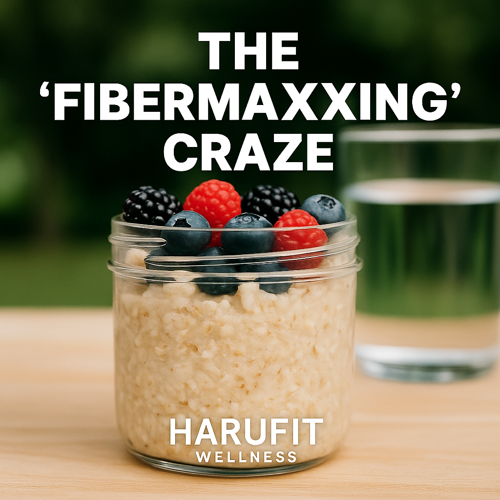 fibermaxxing A glass jar filled with oatmeal topped with fresh berries and the text ‘The Fibermaxxing Craze’ with HARUFIT Wellness logo, representing the wellness trend of extreme fiber intake