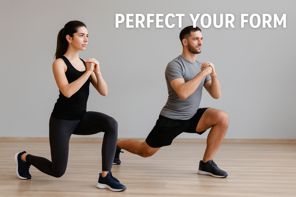 Perfect Lunge Form Demonstration - Proper Technique Man and woman demonstrating perfect lunge form with proper 90-degree knee alignment and upright torso position