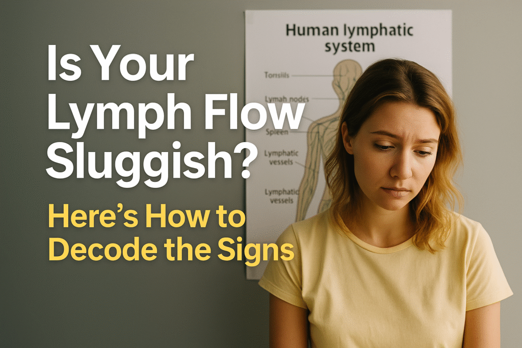 Woman reading lymphatic system diagram to understand if her lymph flow is sluggish and needs improvement