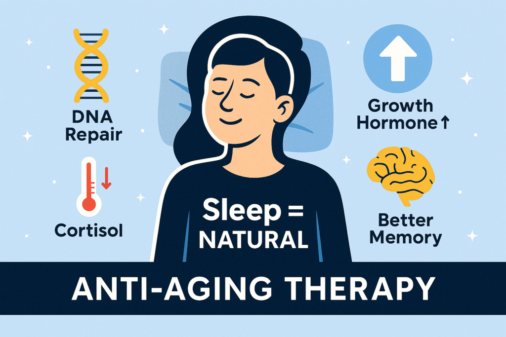 Infographic of anti-aging benefits of sleep including DNA repair, hormone balance, lower cortisol, and better memory.