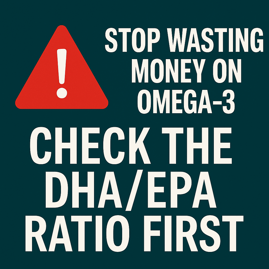 Warning sign with text 'Stop Wasting Money on Omega-3: Check the DHA/EPA Ratio First' - supplement buying guide