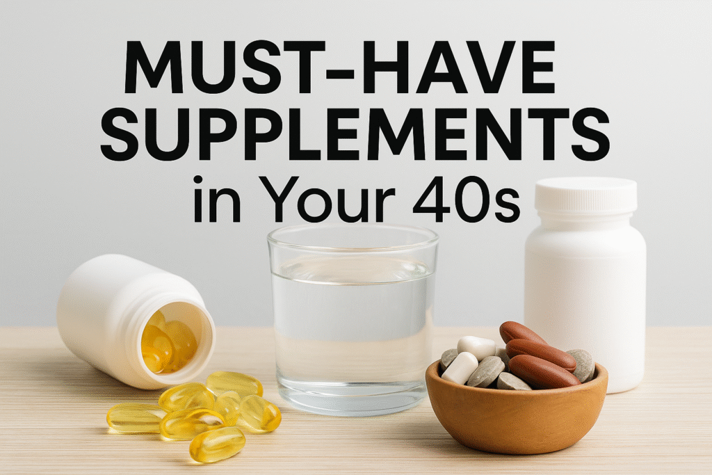 Essential supplements for 40s real photo featuring omega-3 softgels, supplement bottles, glass of water, and mixed vitamins in wooden bowl demonstrating daily supplement routine for healthy aging