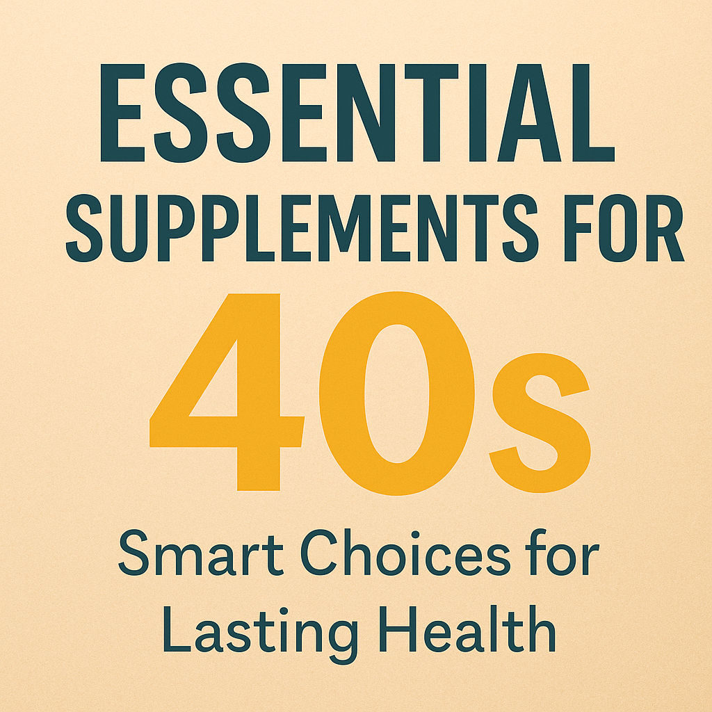 Essential supplements for 40s blog post thumbnail with bold typography stating "Essential Supplements for 40s Smart Choices for Lasting Health" in teal and orange color scheme