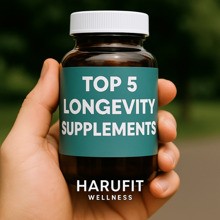 Top 5 longevity supplements 2025 bottle held in hand showing science-backed anti-aging nutrients for cellular health