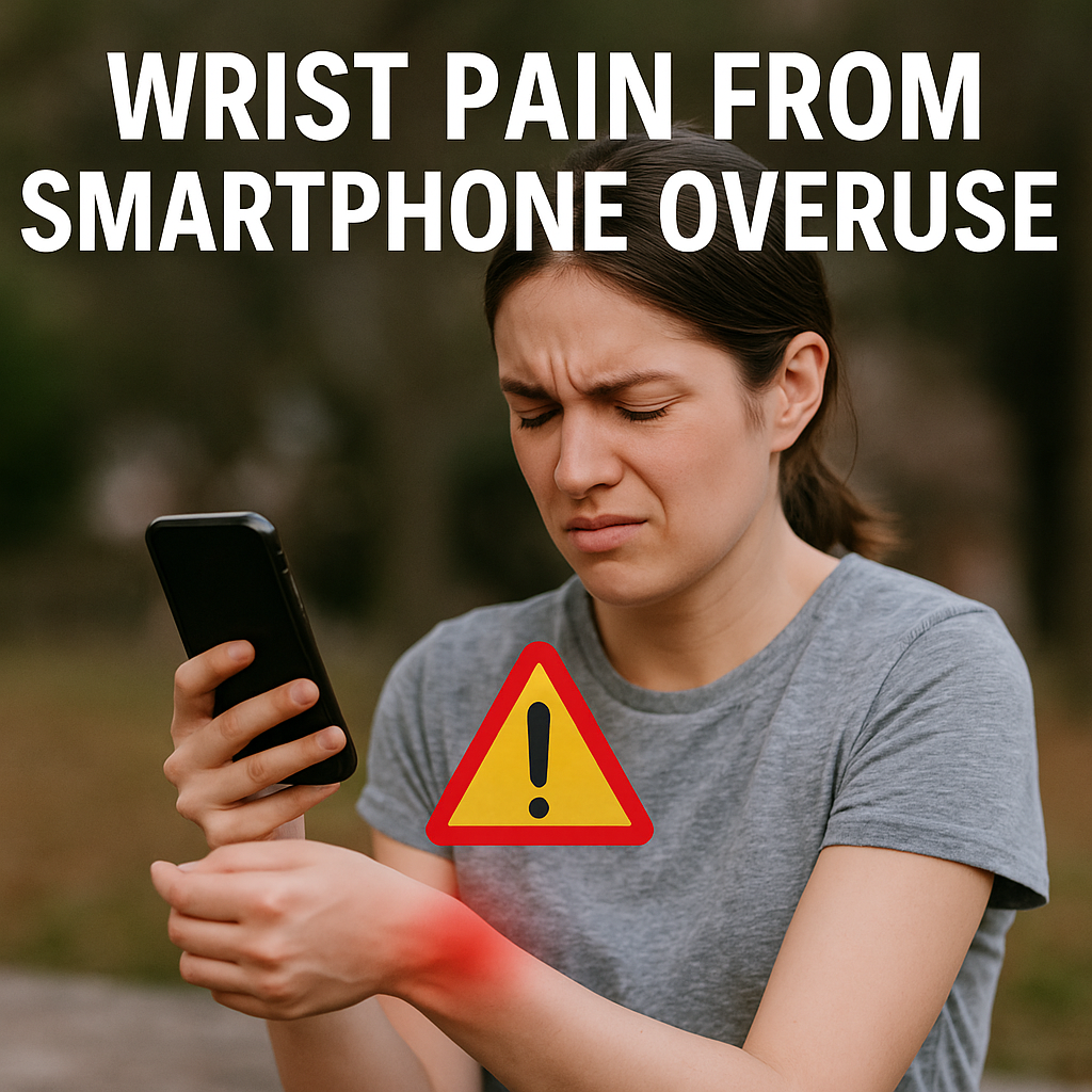 woman experiencing wrist pain from smartphone overuse with warning indicator