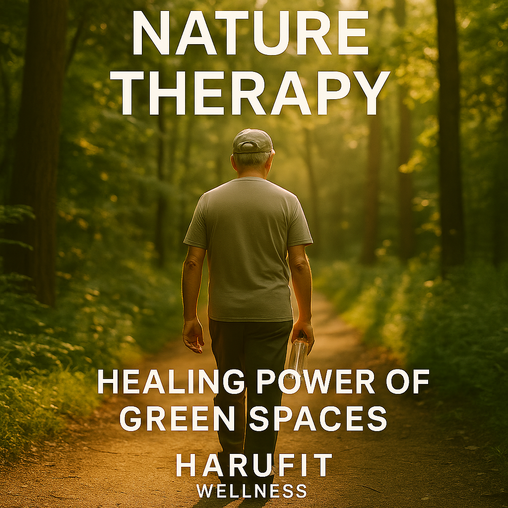 Senior man walking alone on a forest trail surrounded by sunlight and greenery, symbolizing nature therapy.