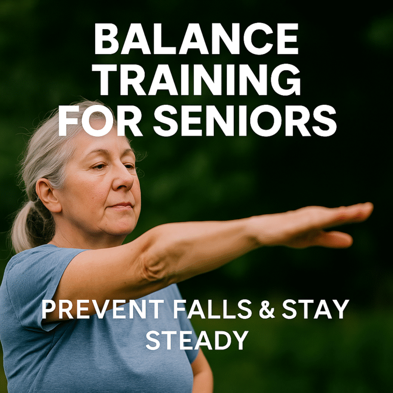 Senior woman practicing balance training with outstretched arm to prevent falls.