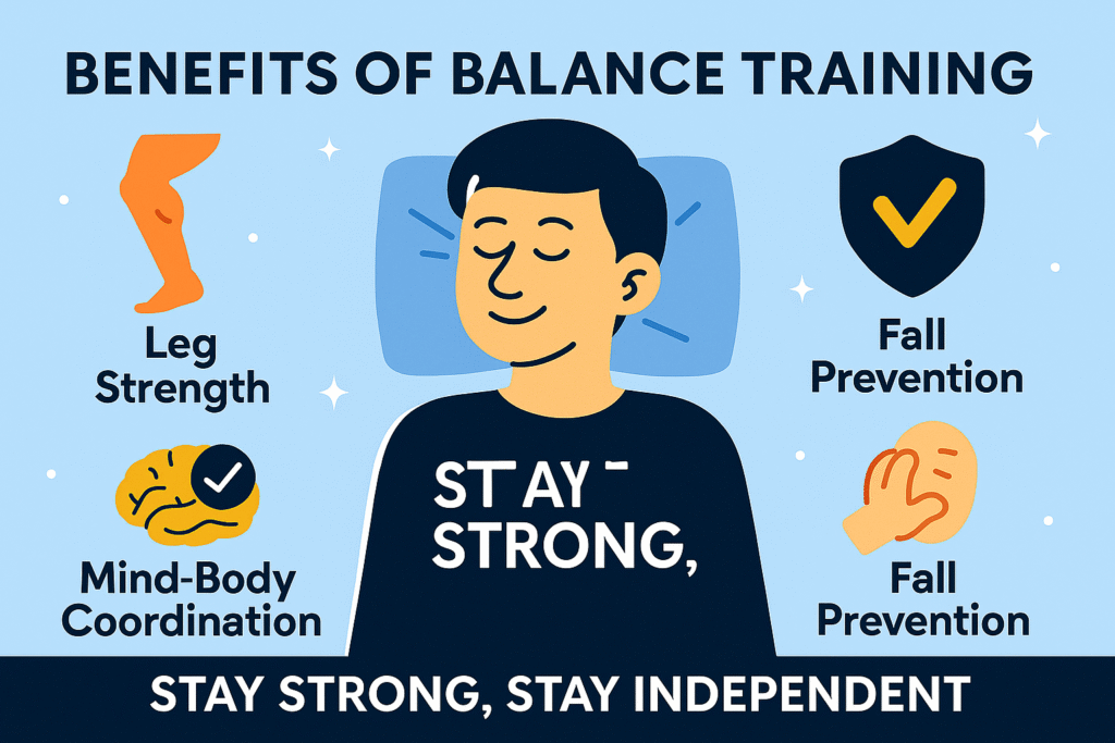 Infographic showing benefits of balance training for seniors: leg strength, coordination, and fall prevention.