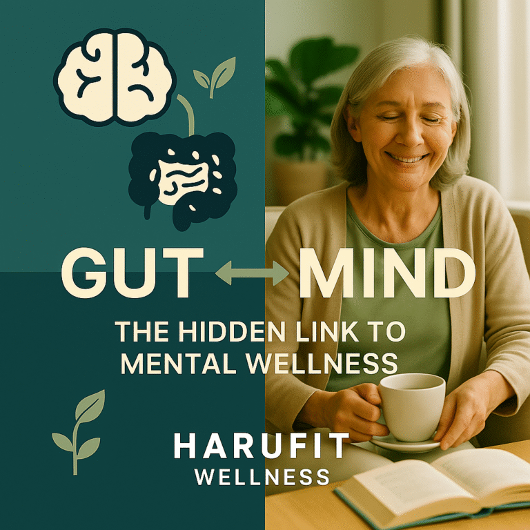 Senior woman smiling with tea, symbolizing the hidden link between gut health and mental wellness.