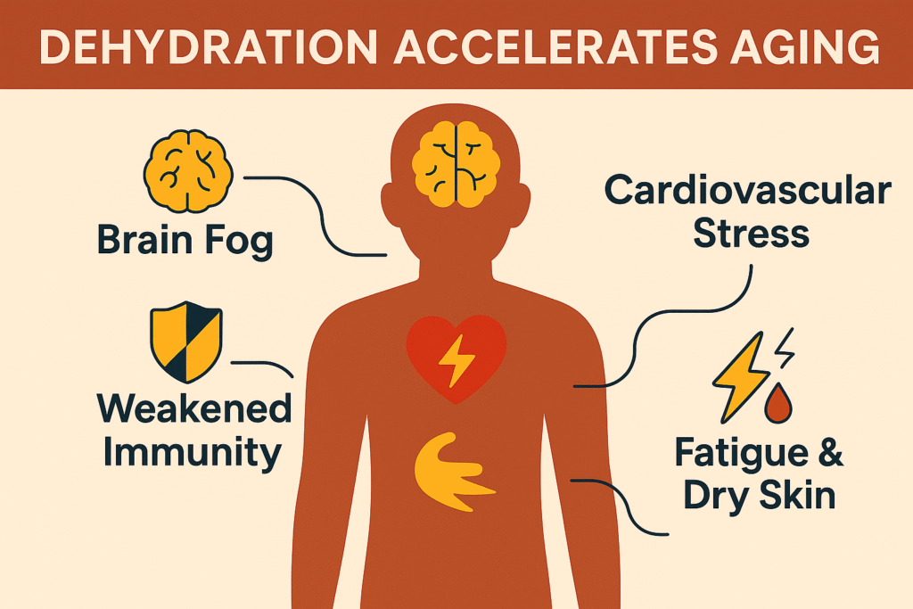 Dehydration accelerates aging infographic showing brain fog cardiovascular stress weakened immunity fatigue effects seniors