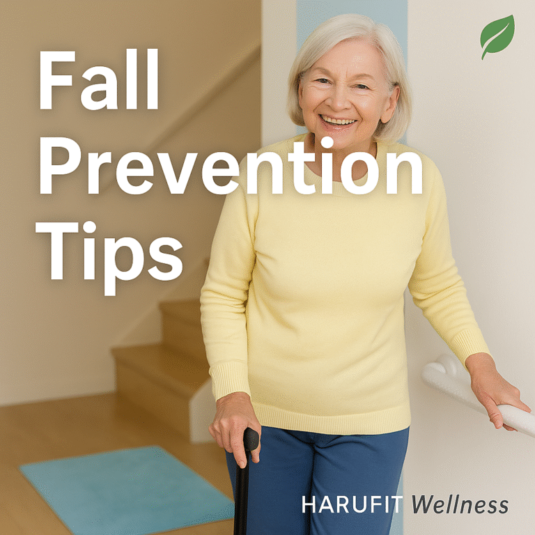 Smiling senior woman holding a cane and grab bar with text overlay ‘Fall Prevention Tips’ – HARUFIT Wellness thumbnail.