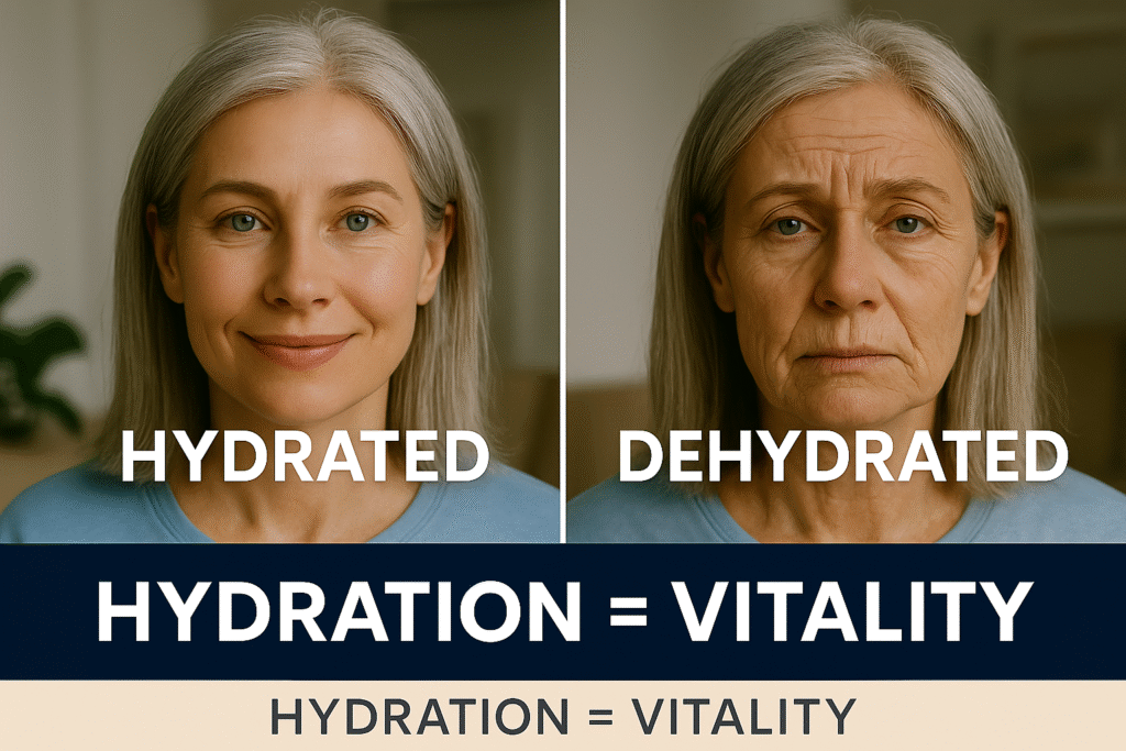 Hydration and aging visual comparison showing hydrated versus dehydrated senior woman demonstrating vitality effects