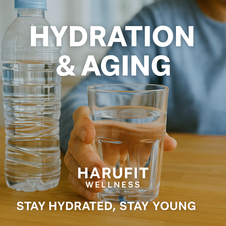 Hydration and aging senior person holding water glass demonstrating daily water intake habits for healthy aging