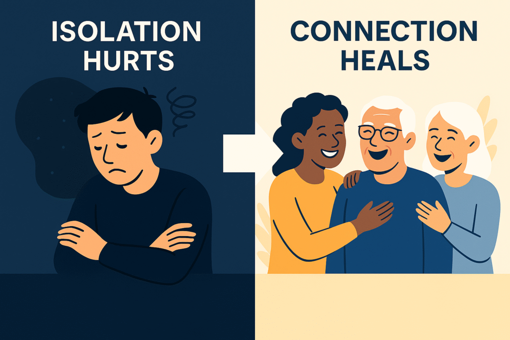 Infographic comparing isolation with connection, showing loneliness vs group support.