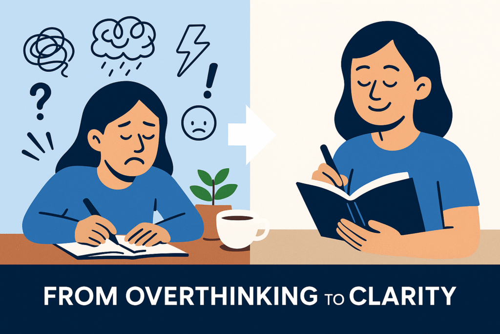 Illustration showing transformation from stress to clarity through journaling.