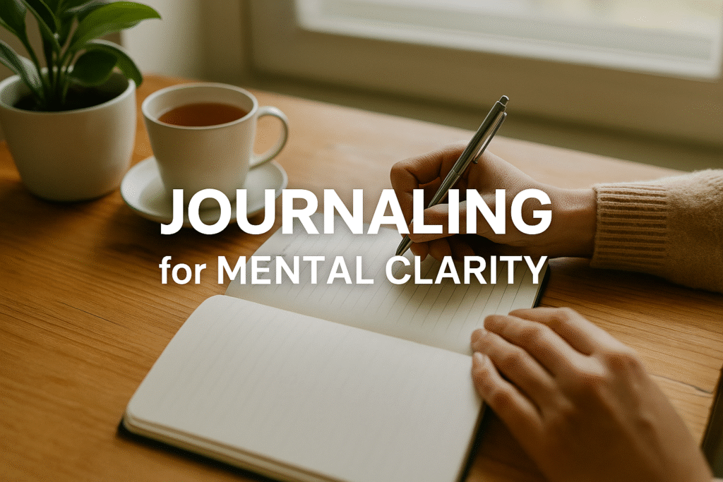 Handwriting in a journal with tea and plant for mental clarity.
