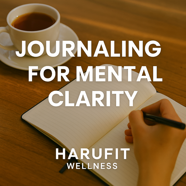 Notebook and tea with text overlay “Journaling for Mental Clarity” and HARUFIT Wellness branding.
