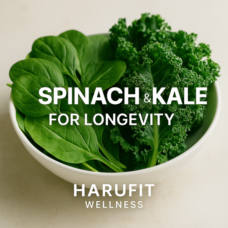 Fresh spinach and kale in a white bowl promoting their benefits for longevity and healthy aging.
