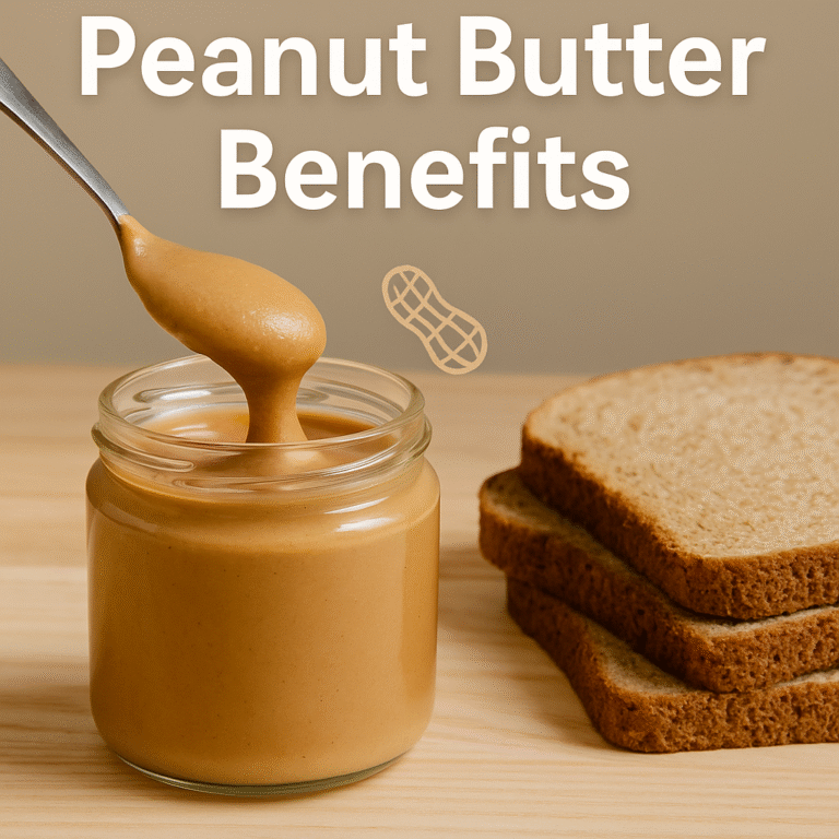 Peanut butter benefits thumbnail with jar, spoon dripping peanut butter, and whole-grain bread – HARUFIT Wellness blog.