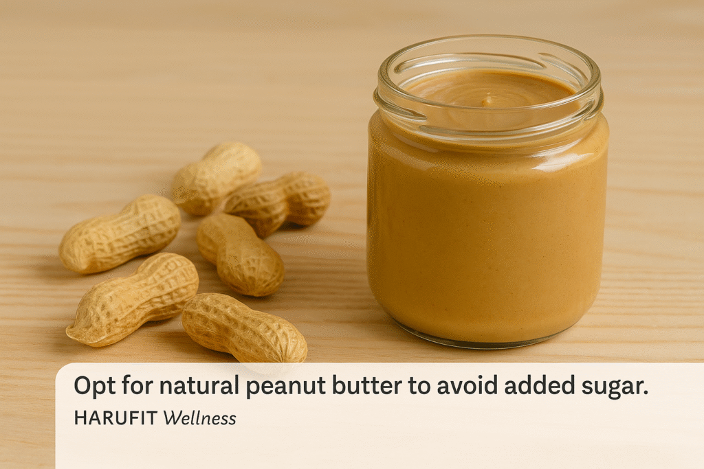 Jar of natural peanut butter with peanuts on wooden table – HARUFIT Wellness tip about choosing sugar-free options.