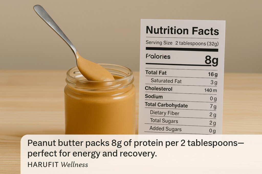 Jar of peanut butter with nutrition facts card showing 8g protein per 2 tablespoons – HARUFIT Wellness energy and recovery tip.