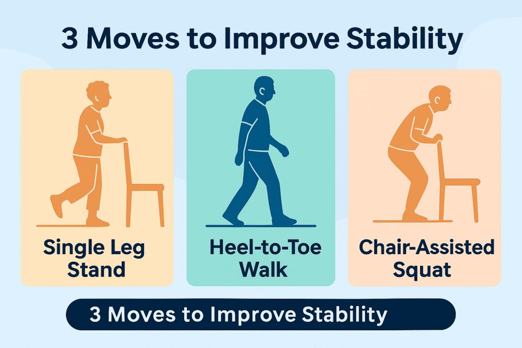 Infographic of three senior balance training moves: single leg stand, heel-to-toe walk, chair-assisted squat.