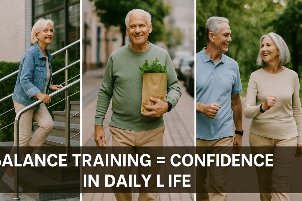 Seniors applying balance training in daily life – climbing stairs, carrying groceries, and walking confidently.
