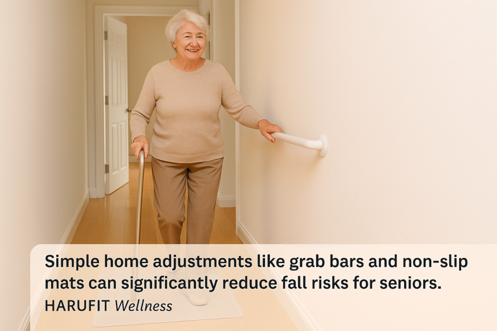 Smiling senior woman walking safely with a grab bar and non-slip mat in a bright hallway – HARUFIT Wellness fall prevention image.