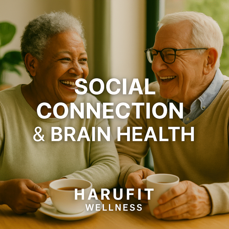 Senior man and woman smiling while enjoying coffee, highlighting the link between connection and brain health.