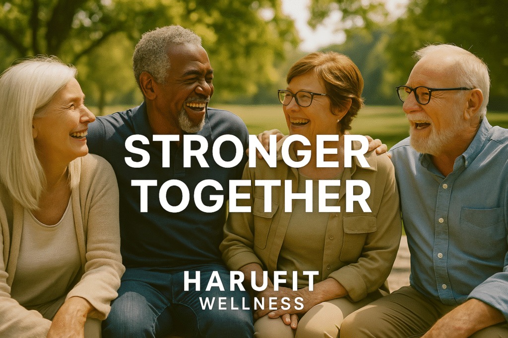 Group of diverse seniors laughing together outdoors, symbolizing strong social bonds.